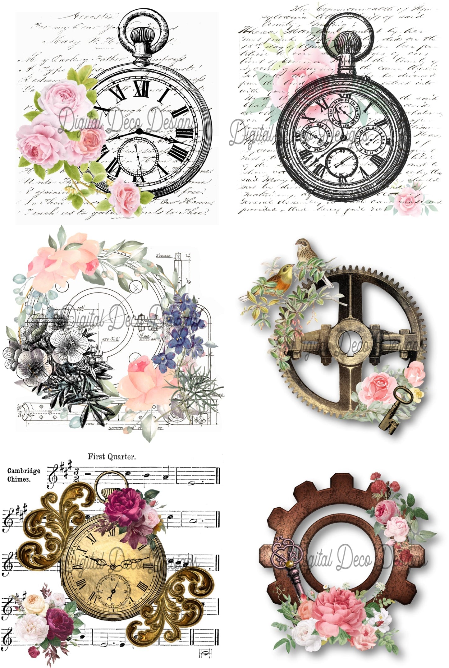 Clocks and Gears with Florals (#B002) (Exclusive Members Design)